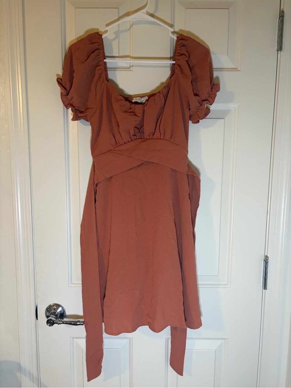 Puff-Sleeve Mini Dress in Terracotta